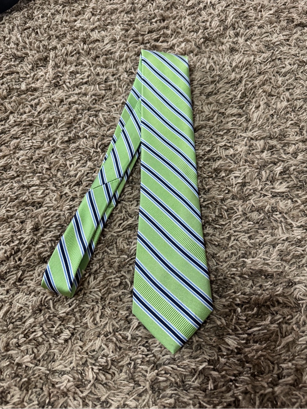 The Tie Bar Lime Green Striped Tie with Navy and White Accents